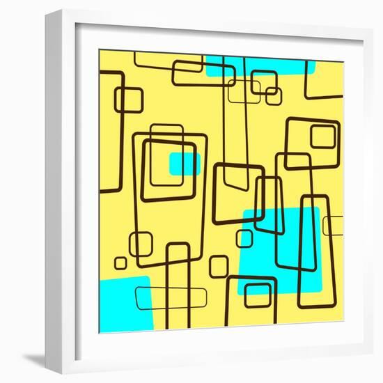 Retro Square Pattern Blue and Yellow-null-Framed Giclee Print