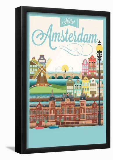 Retro Style Poster With Amsterdam Symbols And Landmarks-null-Framed Poster