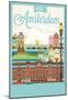 Retro Style Poster With Amsterdam Symbols And Landmarks-null-Mounted Poster