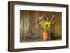 Retro Style Still Life of Dried Flowers in Vase against Worn Wooden Background-Veneratio-Framed Photographic Print