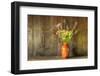 Retro Style Still Life of Dried Flowers in Vase against Worn Wooden Background-Veneratio-Framed Photographic Print