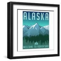 Retro Style Travel Poster or Sticker. United States, Alaska Mountain Landscape.-TeddyandMia-Framed Art Print