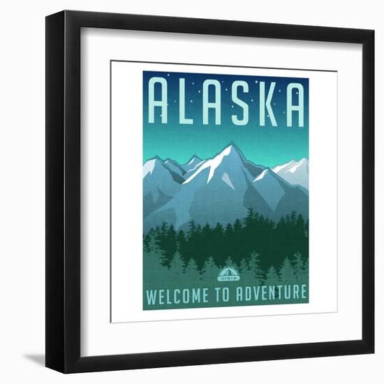 Retro Style Travel Poster or Sticker. United States, Alaska Mountain Landscape.-TeddyandMia-Framed Art Print