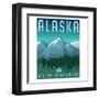 Retro Style Travel Poster or Sticker. United States, Alaska Mountain Landscape.-TeddyandMia-Framed Art Print