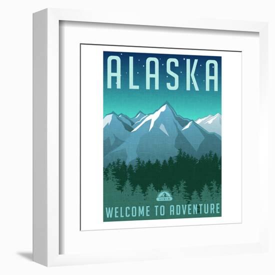 Retro Style Travel Poster or Sticker. United States, Alaska Mountain Landscape.-TeddyandMia-Framed Art Print