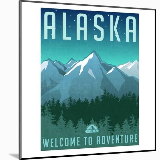 Retro Style Travel Poster or Sticker. United States, Alaska Mountain Landscape.-TeddyandMia-Mounted Art Print