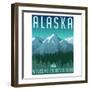 Retro Style Travel Poster or Sticker. United States, Alaska Mountain Landscape.-TeddyandMia-Framed Art Print