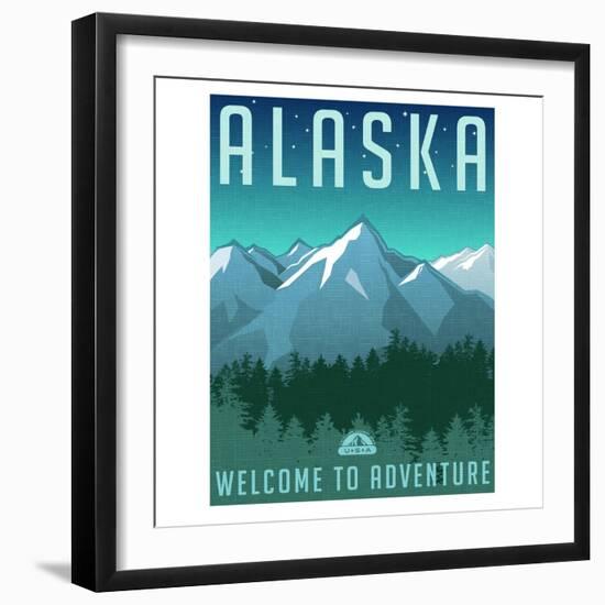Retro Style Travel Poster or Sticker. United States, Alaska Mountain Landscape.-TeddyandMia-Framed Art Print