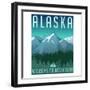 Retro Style Travel Poster or Sticker. United States, Alaska Mountain Landscape.-TeddyandMia-Framed Art Print