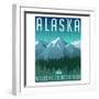 Retro Style Travel Poster or Sticker. United States, Alaska Mountain Landscape.-TeddyandMia-Framed Art Print