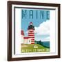Retro Style Travel Poster or Sticker. United States, Maine Lighthouse.-TeddyandMia-Framed Art Print