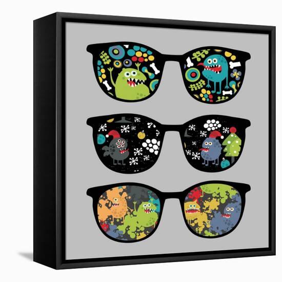 Retro Sunglasses with Monsters Reflection.-panova-Framed Stretched Canvas