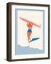 Retro Surfer Girl Carrying Longboard on the Beach-Tasiania-Framed Art Print