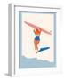 Retro Surfer Girl Carrying Longboard on the Beach-Tasiania-Framed Art Print