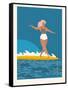 Retro Surfer Girl on a Longboard Riding a Wave-Tasiania-Framed Stretched Canvas