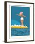 Retro Surfer Girl on a Longboard Riding a Wave-Tasiania-Framed Art Print