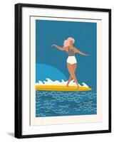 Retro Surfer Girl on a Longboard Riding a Wave-Tasiania-Framed Art Print