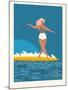 Retro Surfer Girl on a Longboard Riding a Wave-Tasiania-Mounted Art Print