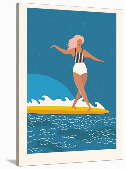 Retro Surfer Girl on a Longboard Riding a Wave-Tasiania-Stretched Canvas