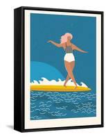 Retro Surfer Girl on a Longboard Riding a Wave-Tasiania-Framed Stretched Canvas