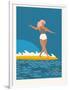 Retro Surfer Girl on a Longboard Riding a Wave-Tasiania-Framed Art Print