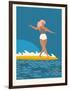 Retro Surfer Girl on a Longboard Riding a Wave-Tasiania-Framed Art Print