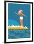 Retro Surfer Girl on a Longboard Riding a Wave-Tasiania-Framed Art Print