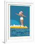 Retro Surfer Girl on a Longboard Riding a Wave-Tasiania-Framed Art Print