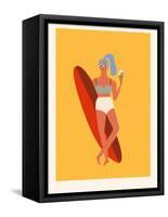 Retro Surfer Girl with Longboard Eating Ice Cream-Tasiania-Framed Stretched Canvas