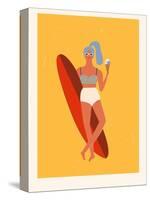 Retro Surfer Girl with Longboard Eating Ice Cream-Tasiania-Stretched Canvas