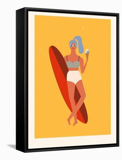 Retro Surfer Girl with Longboard Eating Ice Cream-Tasiania-Framed Stretched Canvas