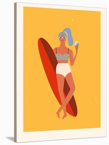 Retro Surfer Girl with Longboard Eating Ice Cream-Tasiania-Stretched Canvas