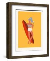 Retro Surfer Girl with Longboard Eating Ice Cream-Tasiania-Framed Art Print