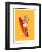 Retro Surfer Girl with Longboard Eating Ice Cream-Tasiania-Framed Art Print