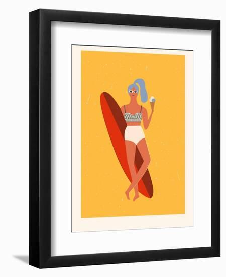 Retro Surfer Girl with Longboard Eating Ice Cream-Tasiania-Framed Art Print