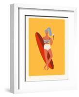 Retro Surfer Girl with Longboard Eating Ice Cream-Tasiania-Framed Art Print