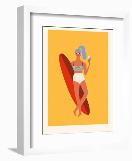 Retro Surfer Girl with Longboard Eating Ice Cream-Tasiania-Framed Art Print