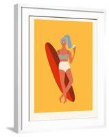 Retro Surfer Girl with Longboard Eating Ice Cream-Tasiania-Framed Art Print