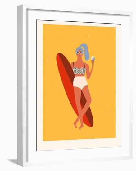 Retro Surfer Girl with Longboard Eating Ice Cream-Tasiania-Framed Art Print