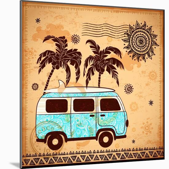 Retro Travel Bus with Vintage Background-transiastock-Mounted Art Print