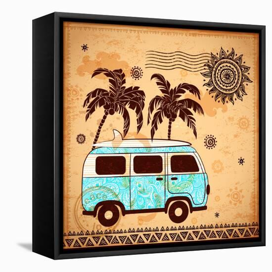 Retro Travel Bus with Vintage Background-transiastock-Framed Stretched Canvas
