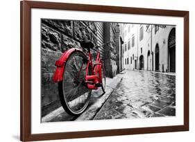 Retro Vintage Red Bike on Cobblestone Street in the Old Town. Color in Black and White. Old Charmin-Michal Bednarek-Framed Photographic Print