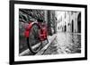 Retro Vintage Red Bike on Cobblestone Street in the Old Town. Color in Black and White. Old Charmin-Michal Bednarek-Framed Photographic Print