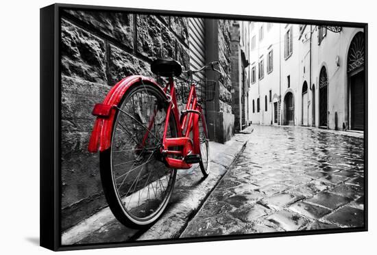 Retro Vintage Red Bike on Cobblestone Street in the Old Town. Color in Black and White. Old Charmin-Michal Bednarek-Framed Stretched Canvas