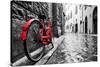 Retro Vintage Red Bike on Cobblestone Street in the Old Town. Color in Black and White. Old Charmin-Michal Bednarek-Stretched Canvas