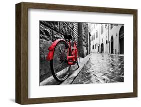 Retro Vintage Red Bike on Cobblestone Street in the Old Town. Color in Black and White. Old Charmin-Michal Bednarek-Framed Photographic Print