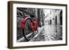 Retro Vintage Red Bike on Cobblestone Street in the Old Town. Color in Black and White. Old Charmin-Michal Bednarek-Framed Photographic Print