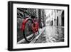 Retro Vintage Red Bike on Cobblestone Street in the Old Town. Color in Black and White. Old Charmin-Michal Bednarek-Framed Photographic Print