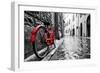 Retro Vintage Red Bike on Cobblestone Street in the Old Town. Color in Black and White. Old Charmin-Michal Bednarek-Framed Photographic Print