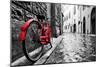 Retro Vintage Red Bike on Cobblestone Street in the Old Town. Color in Black and White. Old Charmin-Michal Bednarek-Mounted Photographic Print